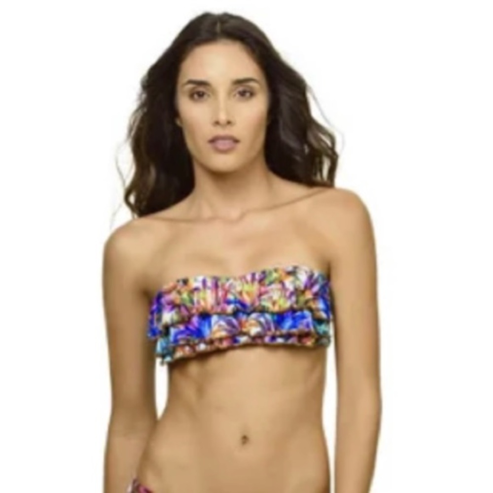 Pily Q Lanai Embroidered Ruffle Bandeau Bikini Top Size D Cup ties in Back NEW